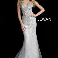 Discontinued Jovani 63673 Silver Lace Sheer Corset Embellished Mermaid Prom Dress Pageant Gown Corset Dresses