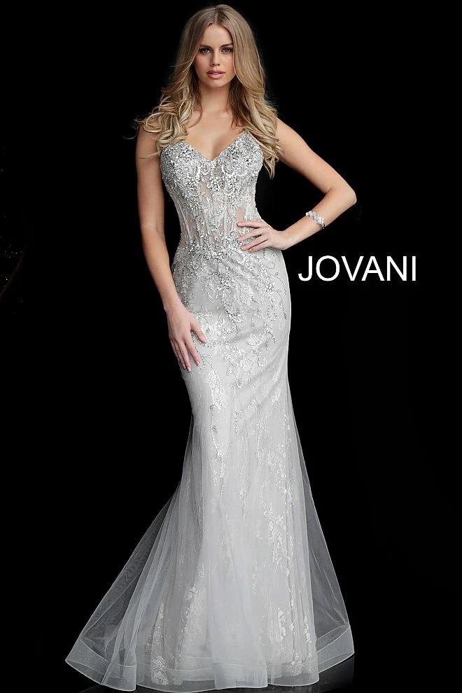 Discontinued Jovani 63673 Silver Lace Sheer Corset Embellished Mermaid Prom Dress Pageant Gown Corset Dresses 3 Discontinued Jovani 63673 Silver Lace Sheer Corset Embellished Mermaid Prom Dress Pageant Gown Corset Dresses