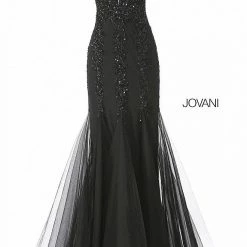 Discontinued Long Sleeve Dresses Jovani 63700 Plunging Neckline Mermaid Prom Dress Pageant Gown Embellished