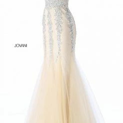 Discontinued Long Sleeve Dresses Jovani 63700 Plunging Neckline Mermaid Prom Dress Pageant Gown Embellished