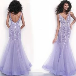 Discontinued Long Sleeve Dresses Jovani 63700 Plunging Neckline Mermaid Prom Dress Pageant Gown Embellished