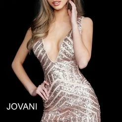 Jovani 63899 Short Sequin Cocktail Fitted Homecoming Dress V Neck Sheer Backless Dresses