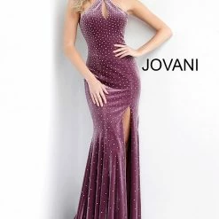 In Stock Jovani 63935 Velvet Crystal Size 0 Mauve Keyhole Neck Prom Dress Pageant Gown Slit