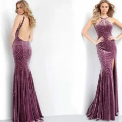 In Stock Jovani 63935 Velvet Crystal Size 0 Mauve Keyhole Neck Prom Dress Pageant Gown Slit