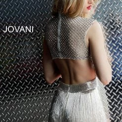 Jovani 63965 Silver Romper High Neck Beaded Cap Sleeve Short Dress 63965 Fringe & Tassels