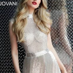 Jovani 63965 Silver Romper High Neck Beaded Cap Sleeve Short Dress 63965 Fringe & Tassels