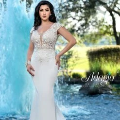 Adagio Bridal W9369 Lace Cap Sleeve Fitted Crepe Wedding Dress Bridal Gown V Back 9369