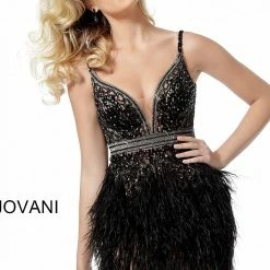 Jovani 64266 Ivory, Black Short Cocktail Dress Feather Skirt Embellished