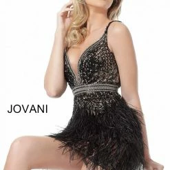 Jovani 64266 Ivory, Black Short Cocktail Dress Feather Skirt Embellished