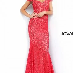 Jovani 64521 Embellished Lace Prom Dress Mermaid Gown Off Shoulder V Neck Mermaid Dresses