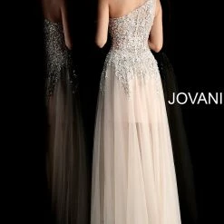 Long Sleeve Dresses Jovani 64893 Nude One Shoulder Strap Sheer Nude Skirt Prom Dress