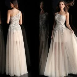 Long Sleeve Dresses Jovani 64893 Nude One Shoulder Strap Sheer Nude Skirt Prom Dress