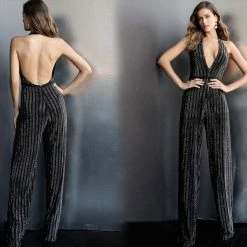 Discontinued Long Sleeve Dresses Jovani 65051 Black Embellished Formal Jumpsuit