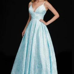 Discontinued Nina Canacci 6522 Long Floral Brocade Pleated V Neck Ballgown Prom Dress Corset