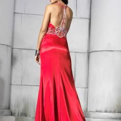 In Stock Riva Designs 6522 Red Size 6 Prom Dress Pageant Gown Silk Print High Neck Slit CLEARANCE