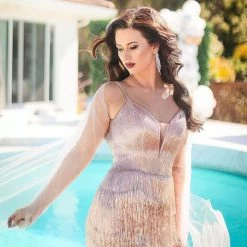 Jovani 65346 Blush Long Fringe Sheer Couture Pageant Dress Fringe & Tassels