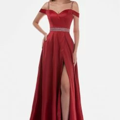 Nina Canacci 6536 Long Maxi Slit Off The Shoulder Prom Dress Crystal Belt Pockets Ballgown Dresses