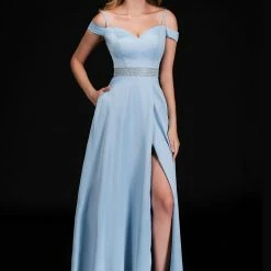 Nina Canacci 6536 Long Maxi Slit Off The Shoulder Prom Dress Crystal Belt Pockets Ballgown Dresses