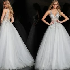 Jovani 65379 Sheer Crystal Embellished Bodice Tulle Ballgown Prom Dress Ballgown Dresses