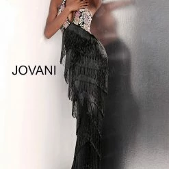 Jovani 65384 Long Beaded Fringe Formal Dress Sheer Floral Halter Gown Tassel Backless Dresses