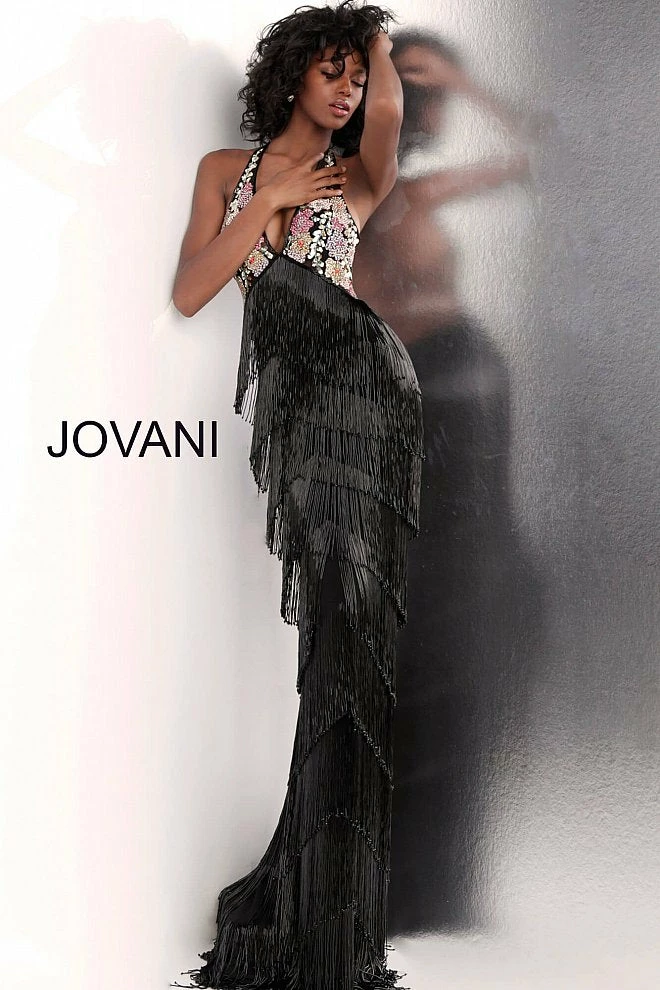 Jovani 65384 Long Beaded Fringe Formal Dress Sheer Floral Halter Gown Tassel Backless Dresses 4 Jovani 65384 Long Beaded Fringe Formal Dress Sheer Floral Halter Gown Tassel Backless Dresses