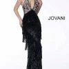 Jovani 65384 Long Beaded Fringe Formal Dress Sheer Floral Halter Gown Tassel Backless Dresses
