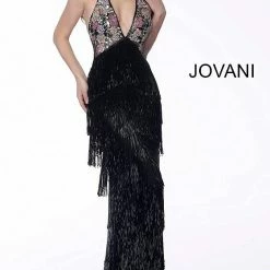 Jovani 65384 Long Beaded Fringe Formal Dress Sheer Floral Halter Gown Tassel Backless Dresses