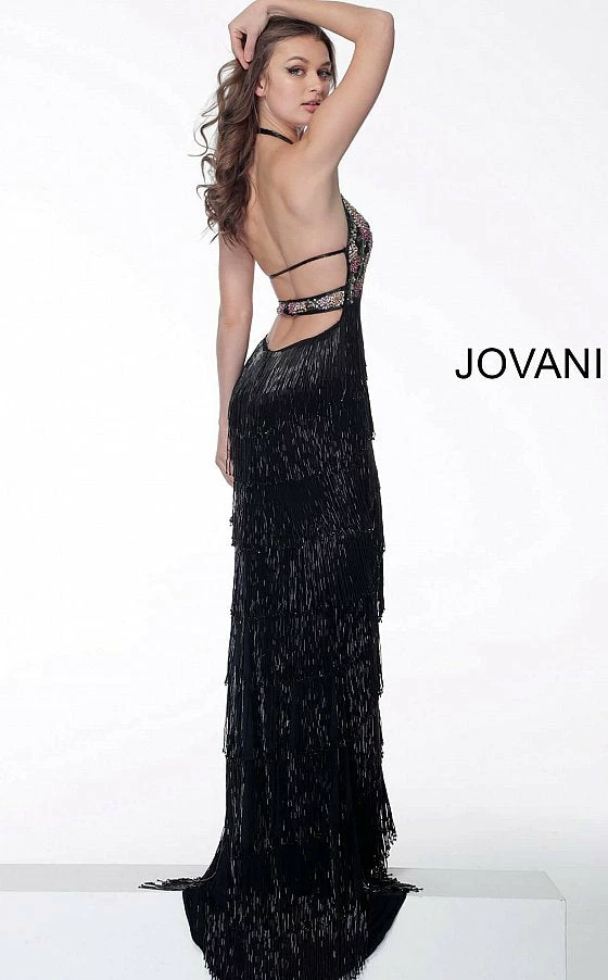 Jovani 65384 Long Beaded Fringe Formal Dress Sheer Floral Halter Gown Tassel Backless Dresses 7 Jovani 65384 Long Beaded Fringe Formal Dress Sheer Floral Halter Gown Tassel Backless Dresses