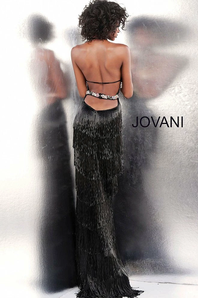 Jovani 65384 Long Beaded Fringe Formal Dress Sheer Floral Halter Gown Tassel Backless Dresses 6 Jovani 65384 Long Beaded Fringe Formal Dress Sheer Floral Halter Gown Tassel Backless Dresses