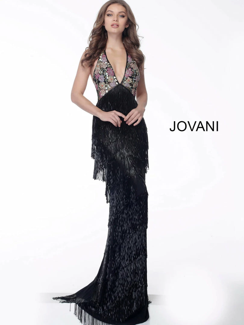 Jovani 65384 Long Beaded Fringe Formal Dress Sheer Floral Halter Gown Tassel Backless Dresses 5 Jovani 65384 Long Beaded Fringe Formal Dress Sheer Floral Halter Gown Tassel Backless Dresses