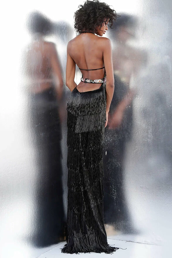 Jovani 65384 Long Beaded Fringe Formal Dress Sheer Floral Halter Gown Tassel Backless Dresses 8 Jovani 65384 Long Beaded Fringe Formal Dress Sheer Floral Halter Gown Tassel Backless Dresses