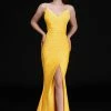 Nina Canacci 6539 Long Yellow Fitted Prom Dress V Neck Slit Maxi Ruched Evening