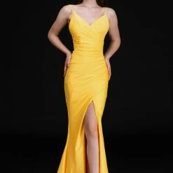 Nina Canacci 6539 Long Yellow Fitted Prom Dress V Neck Slit Maxi Ruched Evening