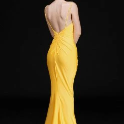 Nina Canacci 6539 Long Yellow Fitted Prom Dress V Neck Slit Maxi Ruched Evening