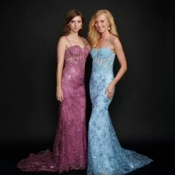 Mermaid Dresses Nina Canacci 6556 Long Mermaid Prom Pageant Gown Sheer Lace Corset Dress Train