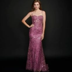 In Stock Mermaid Dresses Nina Canacci 6556 Size 8 Long Mermaid Prom Pageant Gown Sheer Lace Corset Dress Train