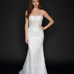 In Stock Mermaid Dresses Nina Canacci 6556 Size 8 Long Mermaid Prom Pageant Gown Sheer Lace Corset Dress Train