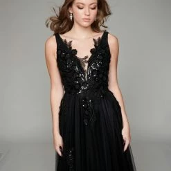 In Stock Ballgown Dresses Nina Canacci 6557 Size 2,10,14 Long Ballgown Prom Gown Floral Lace Black Bridal Wedding
