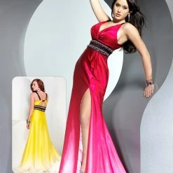 In Stock Riva Designs 6561 Prom Dress Red Ombre Size 8 Silk Pageant Gown Crystals V Neck