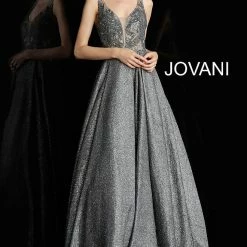 Discontinued Long Sleeve Dresses Jovani 65855 Embellished A Line Prom Dress With Open Back