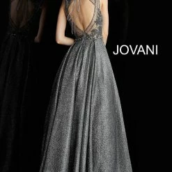 Discontinued Long Sleeve Dresses Jovani 65855 Embellished A Line Prom Dress With Open Back