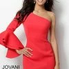 Jovani 66270 One Shoulder Scuba Cocktail Dress Bell Sleeve Ruffle Bell Sleeves