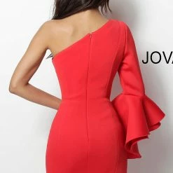 Jovani 66270 One Shoulder Scuba Cocktail Dress Bell Sleeve Ruffle Bell Sleeves