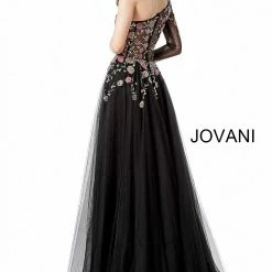 Jovani 66344 Sheer Floral One Shoulder Long Sleeve Maxi Slit Prom Dress Flower