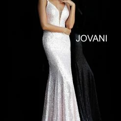Discontinued Jovani 66383 Long Fitted Sequin Plunging Neckline Prom Dress Fit Flare Evening Gown