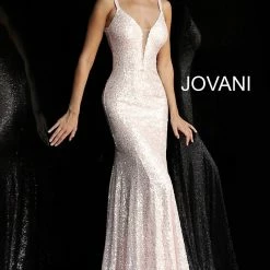 Discontinued Jovani 66383 Long Fitted Sequin Plunging Neckline Prom Dress Fit Flare Evening Gown