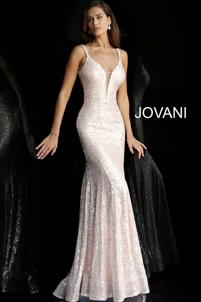 Discontinued Jovani 66383 Long Fitted Sequin Plunging Neckline Prom Dress Fit Flare Evening Gown 4 Discontinued Jovani 66383 Long Fitted Sequin Plunging Neckline Prom Dress Fit Flare Evening Gown