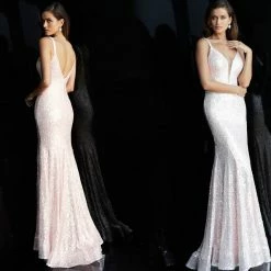 Discontinued Jovani 66383 Long Fitted Sequin Plunging Neckline Prom Dress Fit Flare Evening Gown 9 Discontinued Jovani 66383 Long Fitted Sequin Plunging Neckline Prom Dress Fit Flare Evening Gown