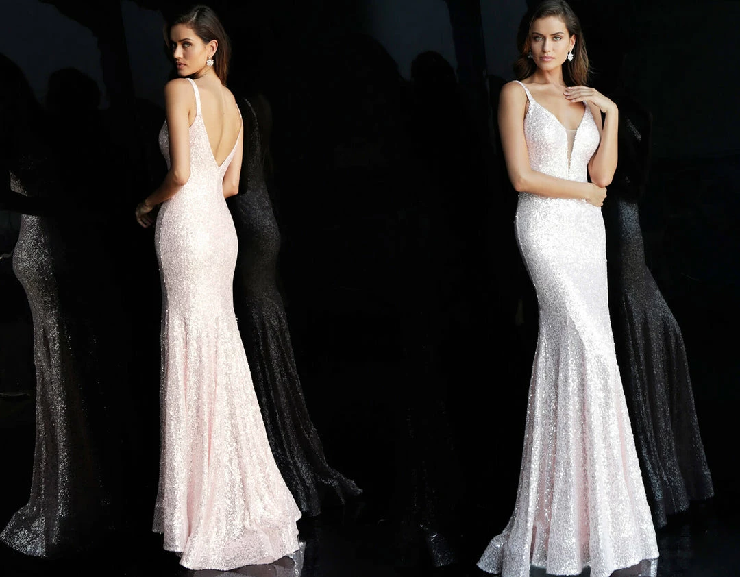 Discontinued Jovani 66383 Long Fitted Sequin Plunging Neckline Prom Dress Fit Flare Evening Gown 6 Discontinued Jovani 66383 Long Fitted Sequin Plunging Neckline Prom Dress Fit Flare Evening Gown