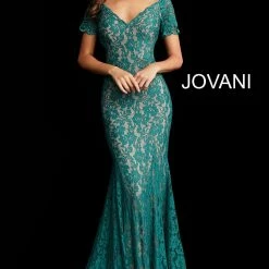 Discontinued Ballgown Dresses Jovani 66730 Short Sleeve Lace Modest Prom Dress